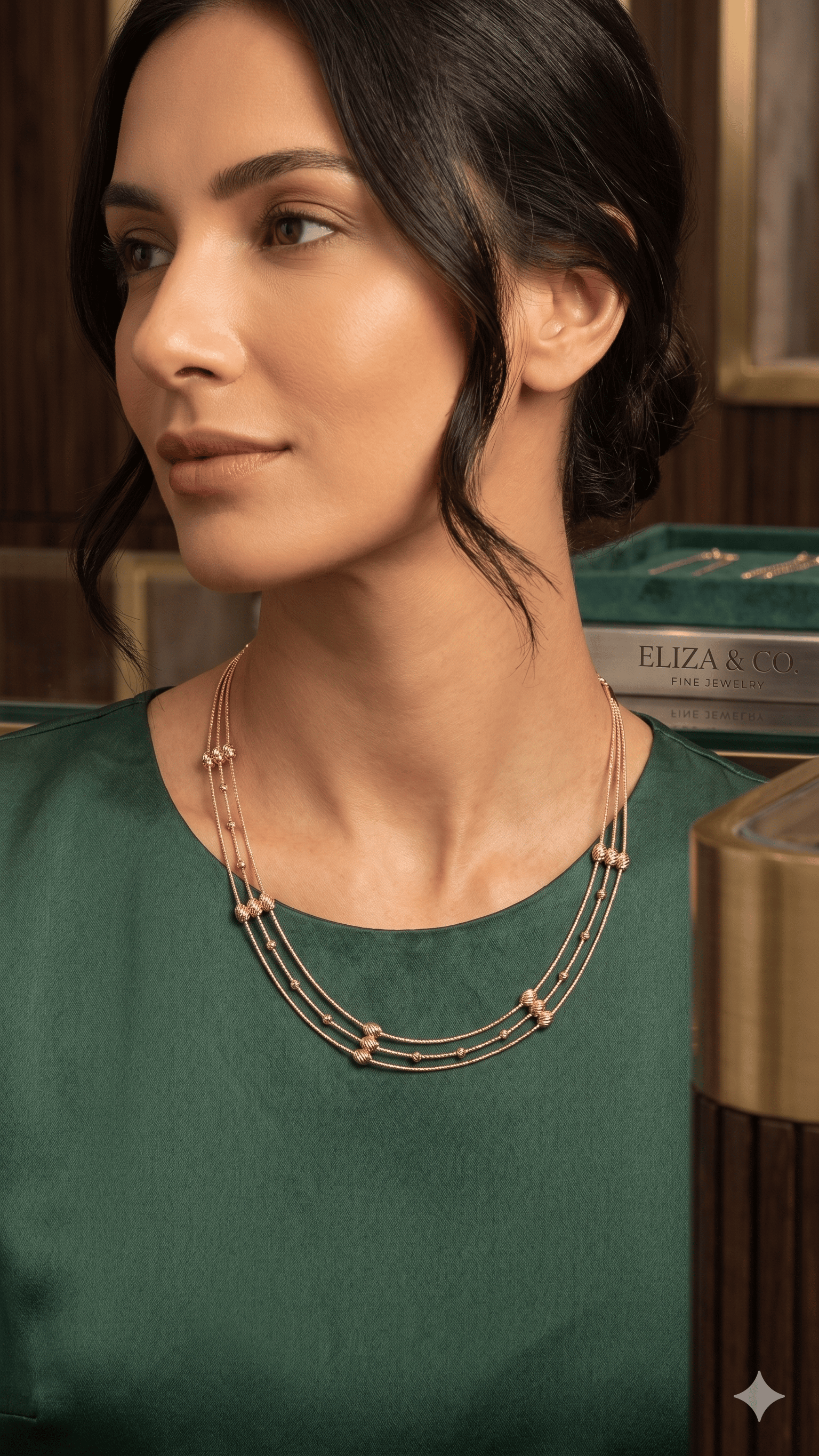 Triple Strand Rose Gold Beaded Necklace
