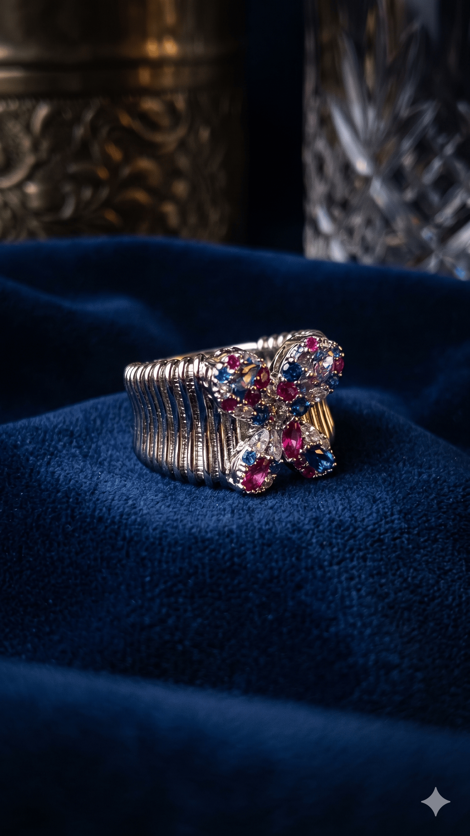 Silver-Tone Multi-Colored Pavé Butterfly Stretch Statement Ring - Image 2
