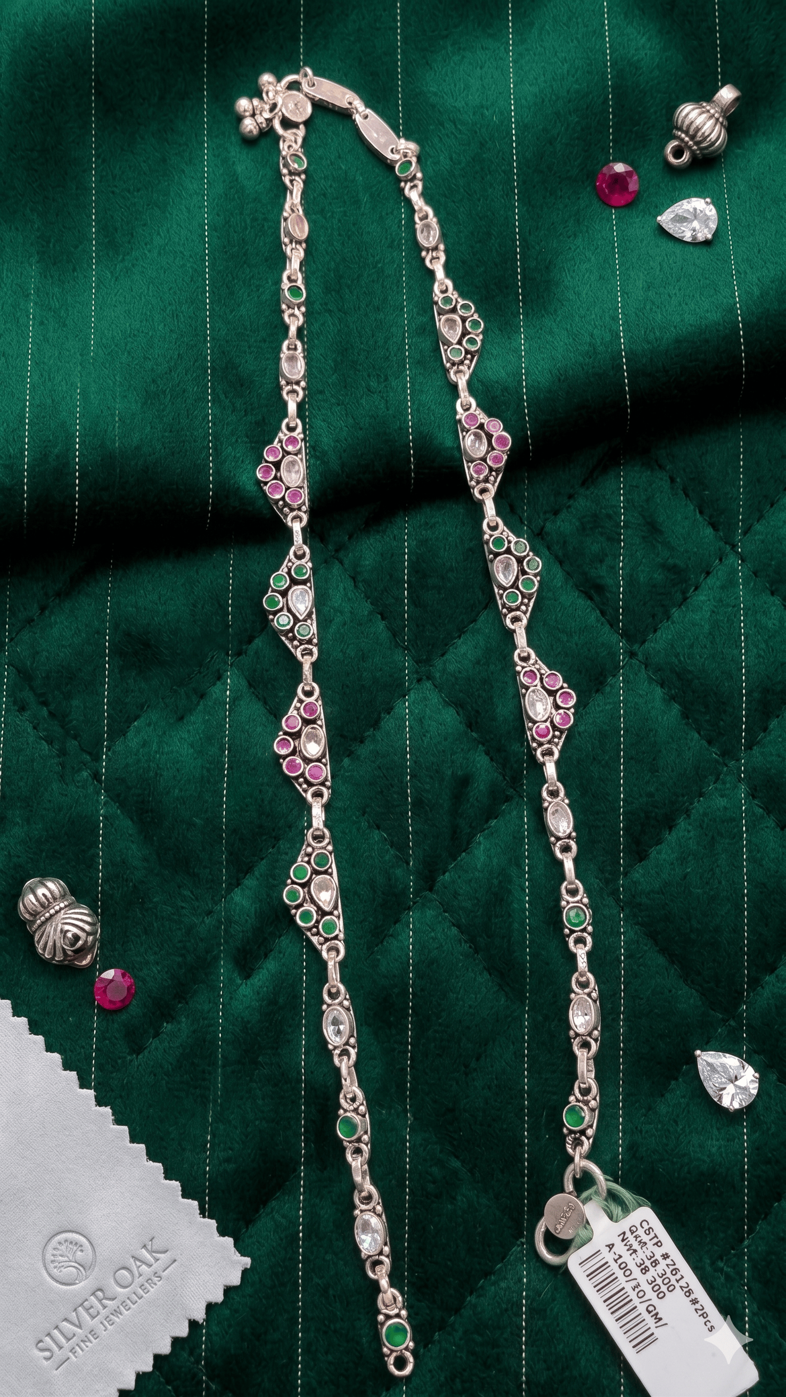 Antique Silver Oxidized Payal With Multi-Color Stone Inlays - Image 2