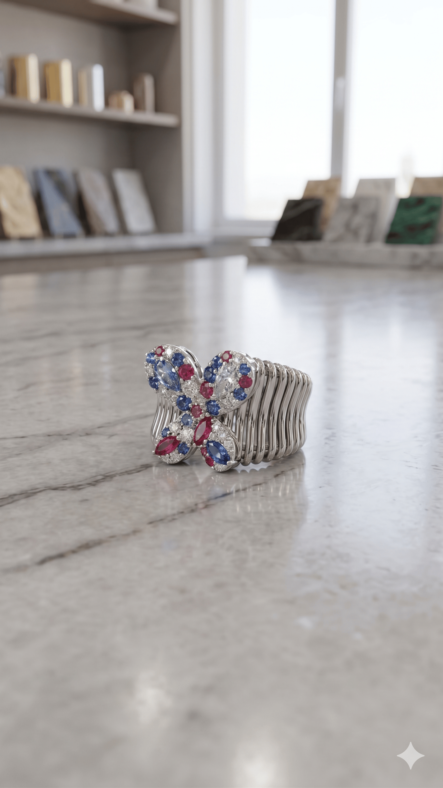Silver-Tone Multi-Colored Pavé Butterfly Stretch Statement Ring - Image 3