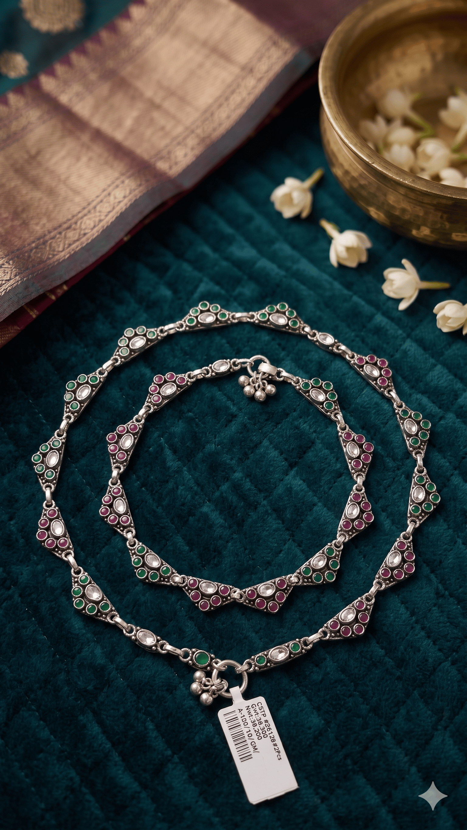 Antique Silver Oxidized Payal With Multi-Color Stone Inlays - Image 3