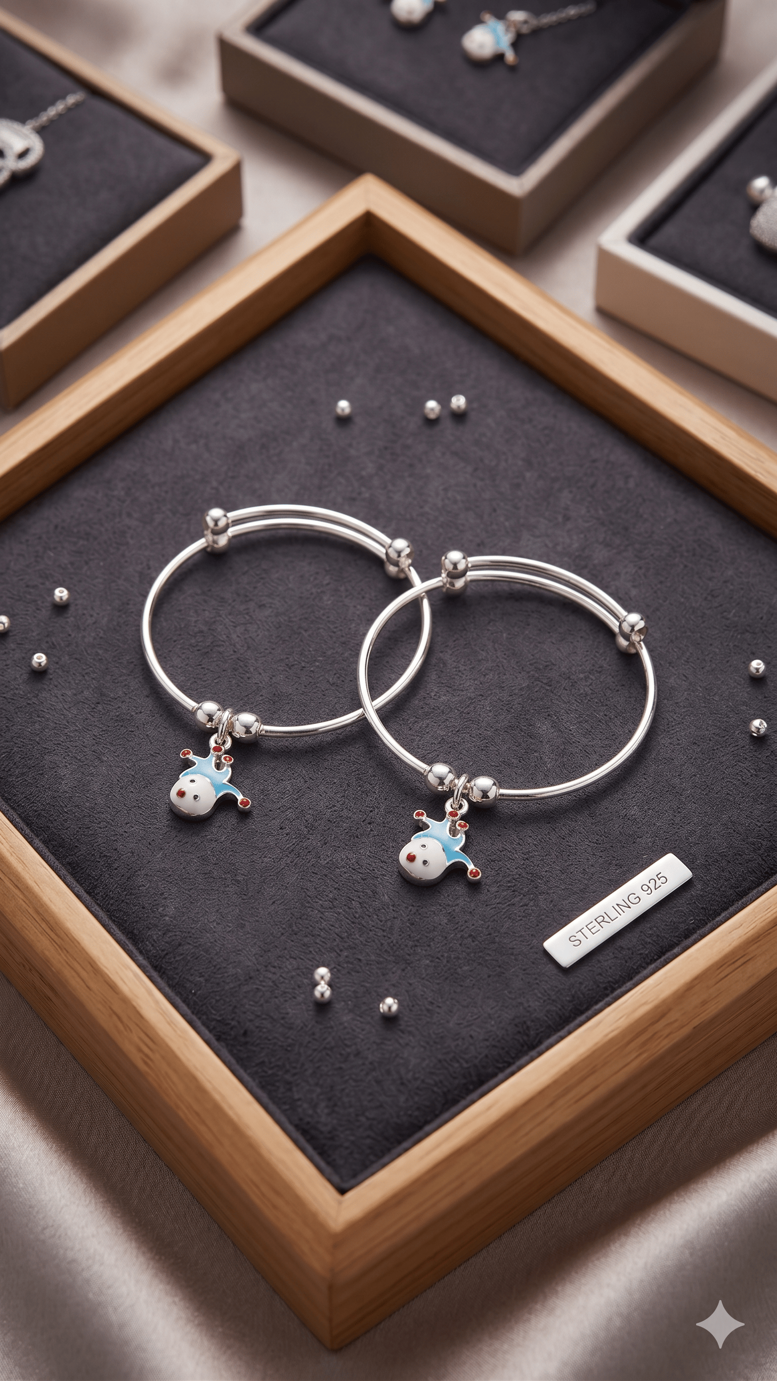 Sterling Silver Adjustable Baby Nazariya Bangles With Clown Charms - Image 2