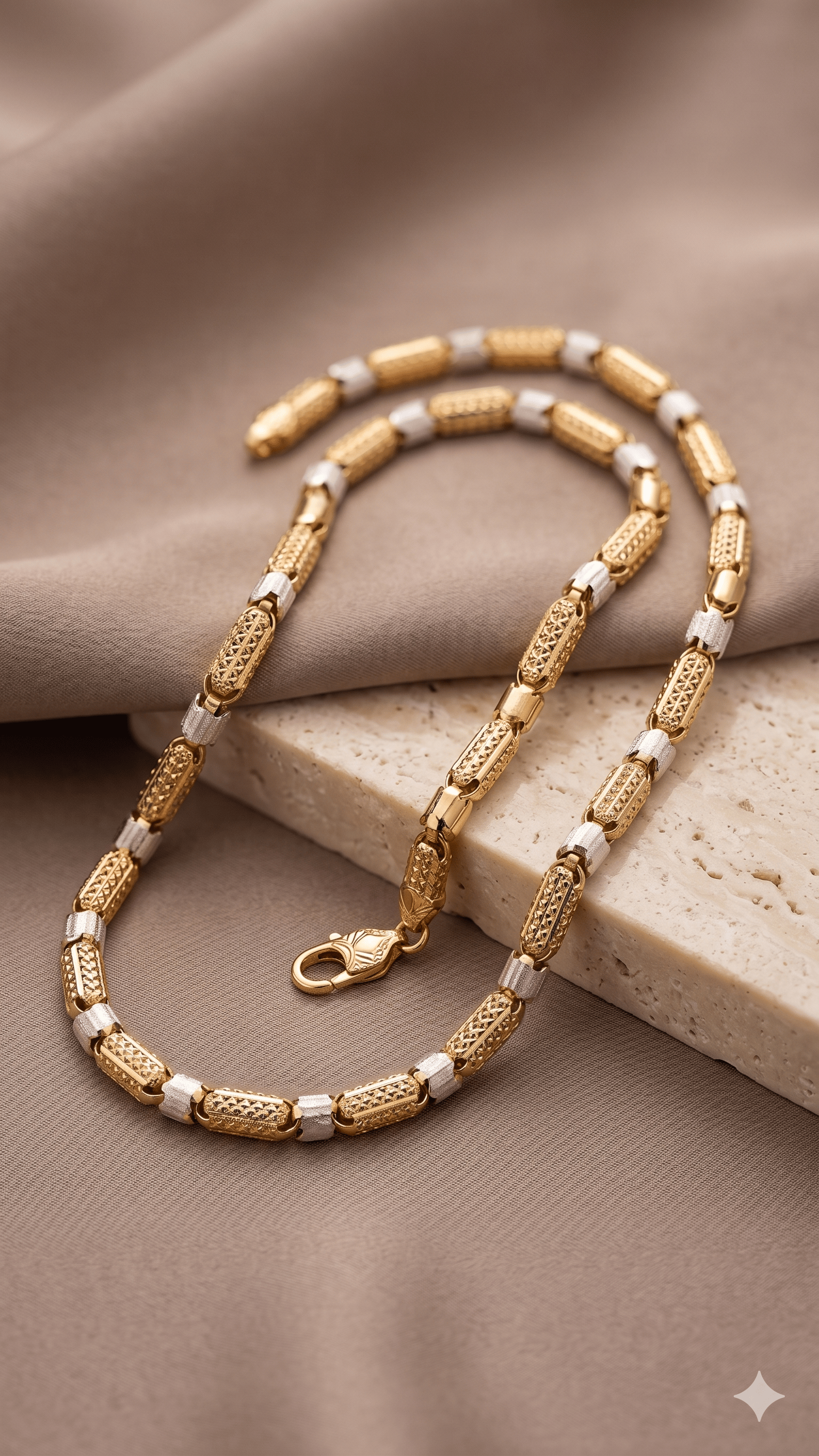 Two-Tone Filigree Cylinder Link Chain In 18k Gold And Rhodium Finish - Image 3