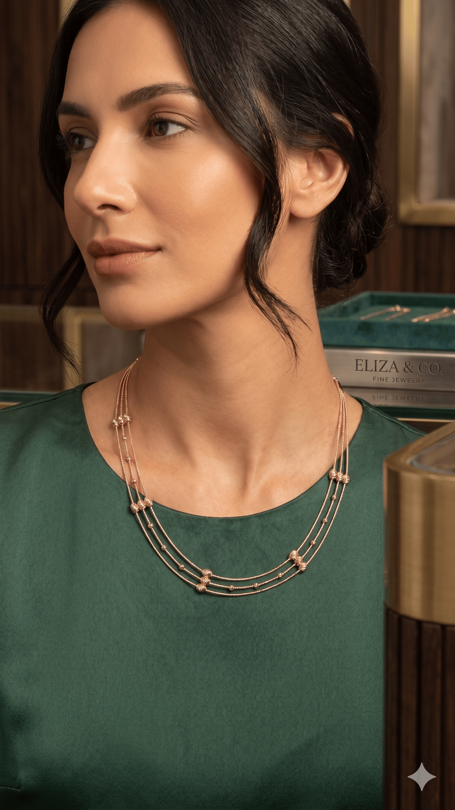 Triple Strand Rose Gold Beaded Necklace