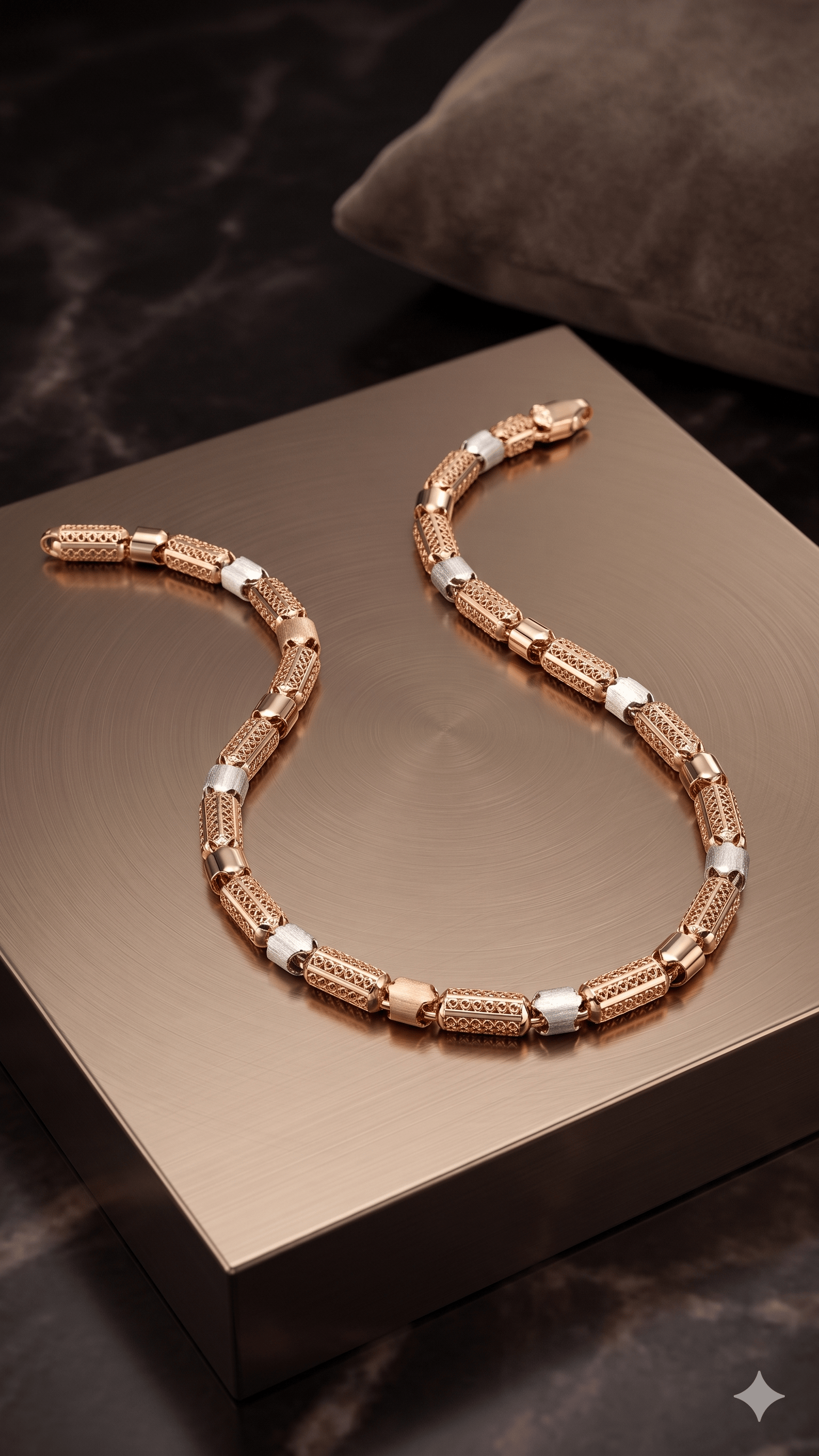 Two-Tone Filigree Cylinder Link Chain In 18k Gold And Rhodium Finish