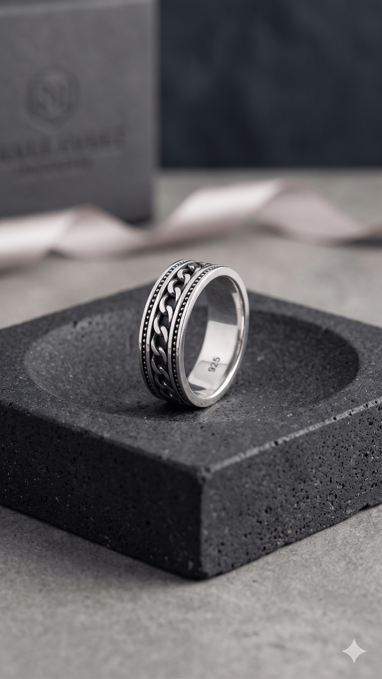 Vintage Oxidized Sterling Silver Cuban Link Spinner Band Ring