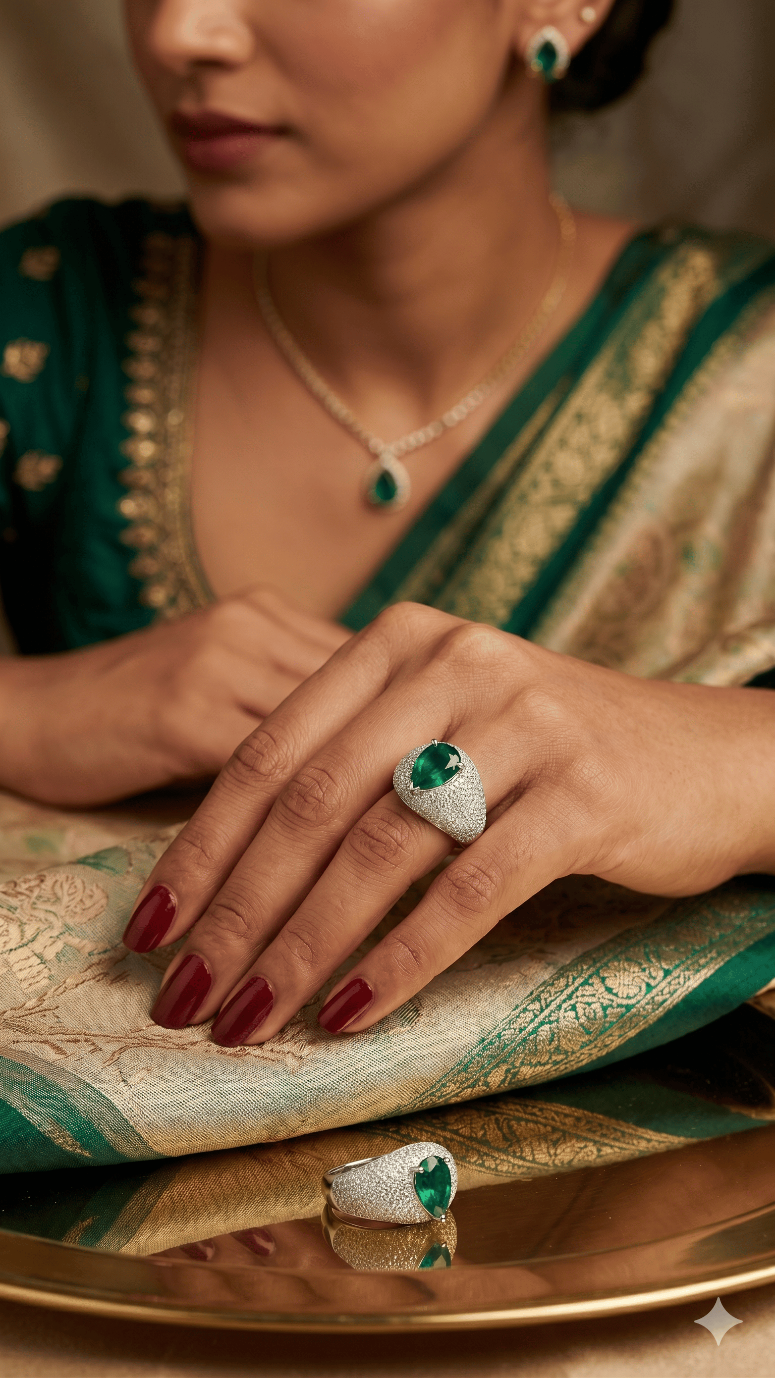Pear-Cut Emerald & Pavé Diamond Statement Ring In 925 Sterling Silver
