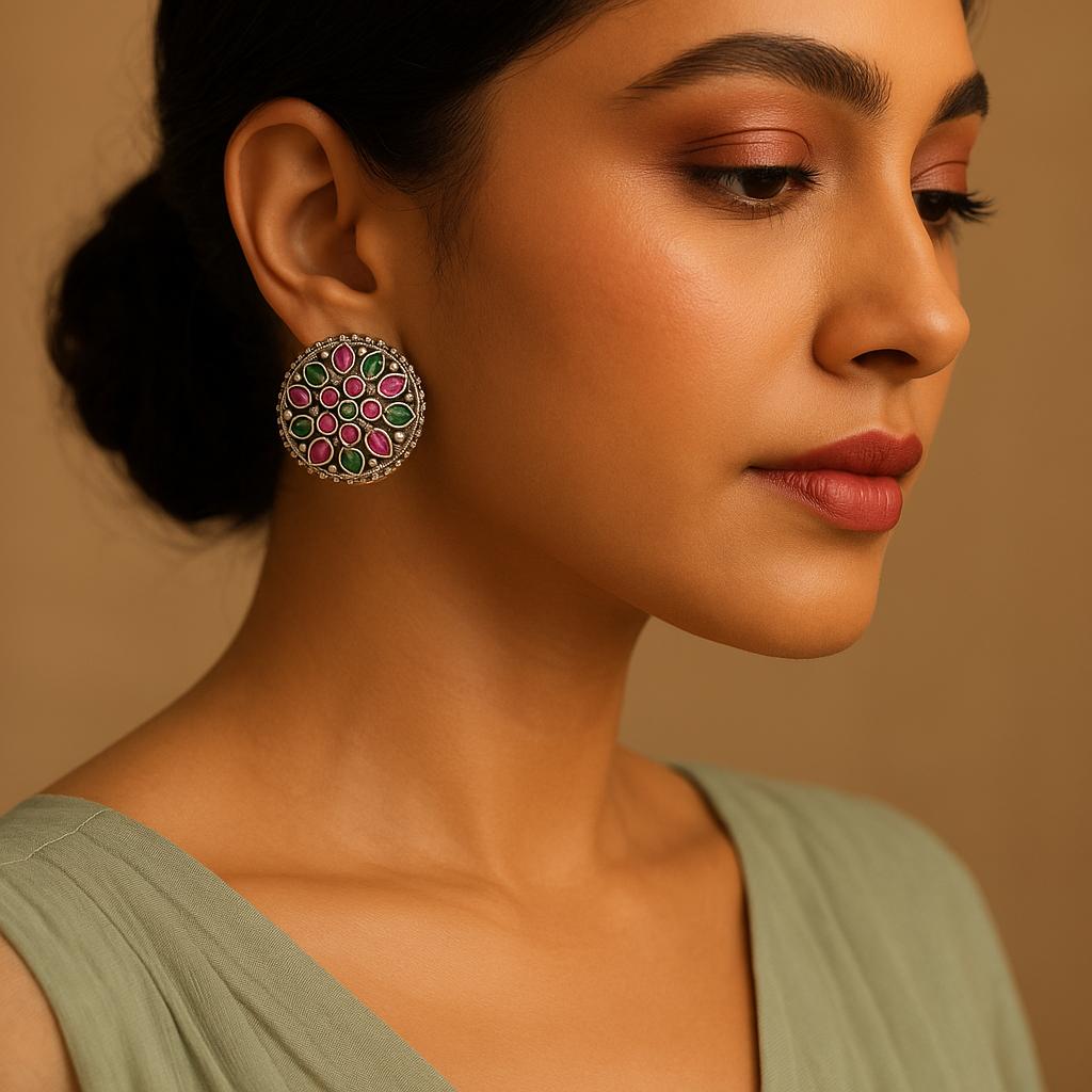 Silver Oxidised Round Ruby And Green Stone Earrings