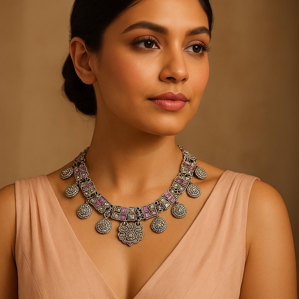 Silver Necklace With Ruby Stones